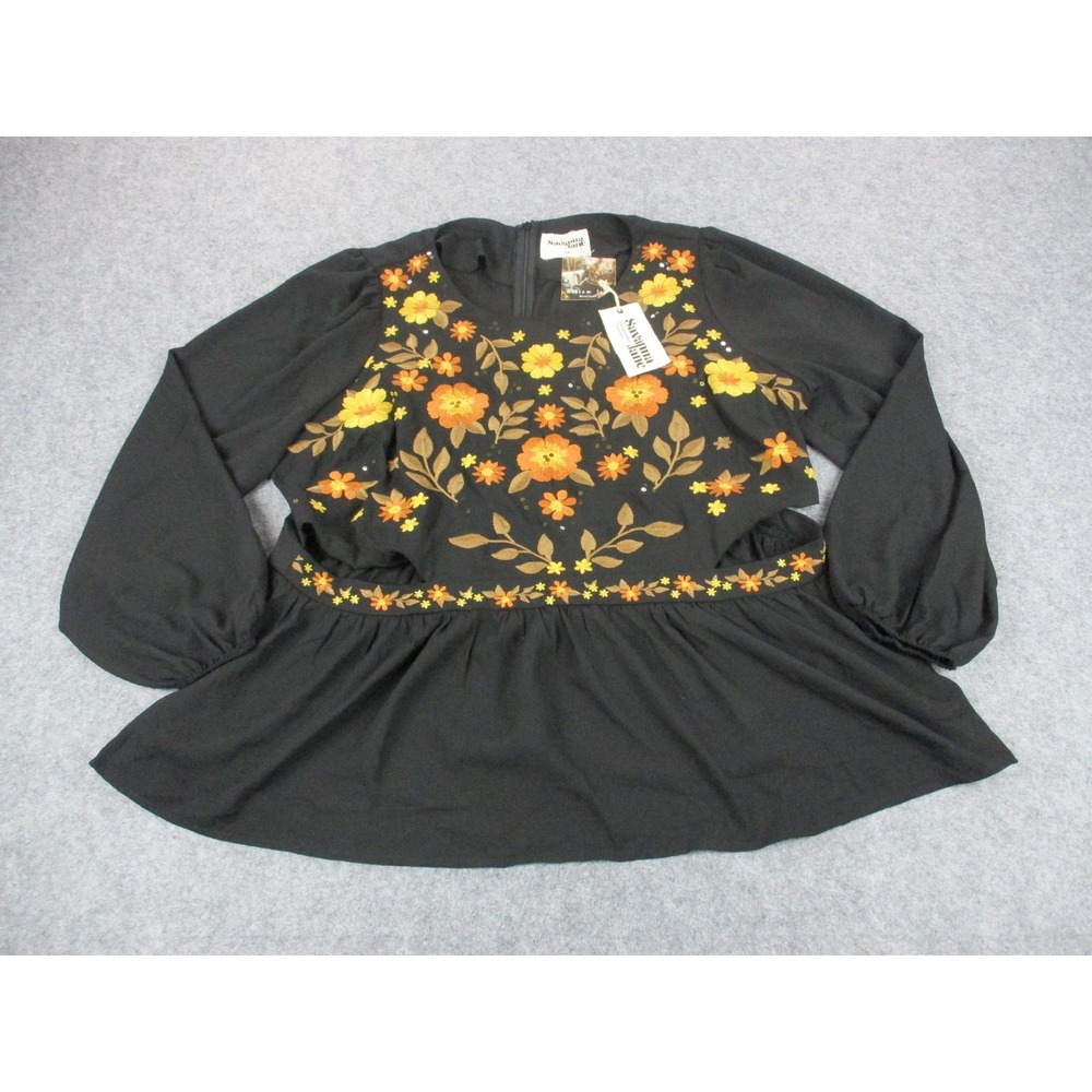 Savanna Jane Blouse‎ Womens 1X Black Floral Embroidered Tunic Puff Sleeve Top
